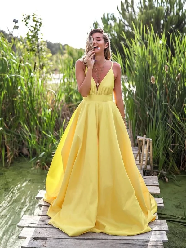 Affordable Women's Attire Flash Sale Yellow A Line V Neck Backless Satin Long Prom Dresses, Yellow V Neck Graduation Dresses, Yellow Long Evening Dresses