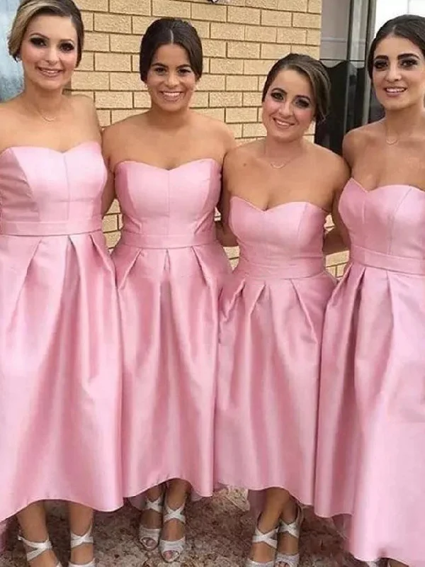 Women's Charming Outfit For Events Elegant Attire Sweetheart Long Hi-low Pink Satin Bridesmaid Dresses, Simple Bridesmaid Dresses, Long Bridesmaid Dresses