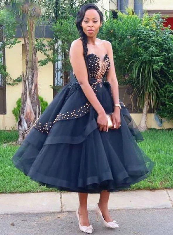 Women's Loungewear Clothes Romantic Detailing Black Ball Gown Tulle Sweetheart Beading Tea Length Prom Dress   cg18832