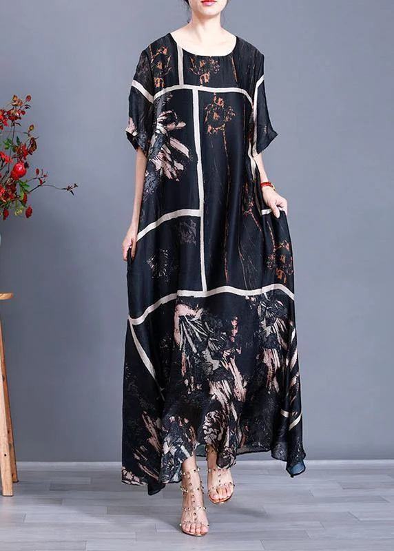 Women's Casual Attire Contemporary Chic Modern Black Print Satin Maxi Dress Plus Size Patchwork Caftan