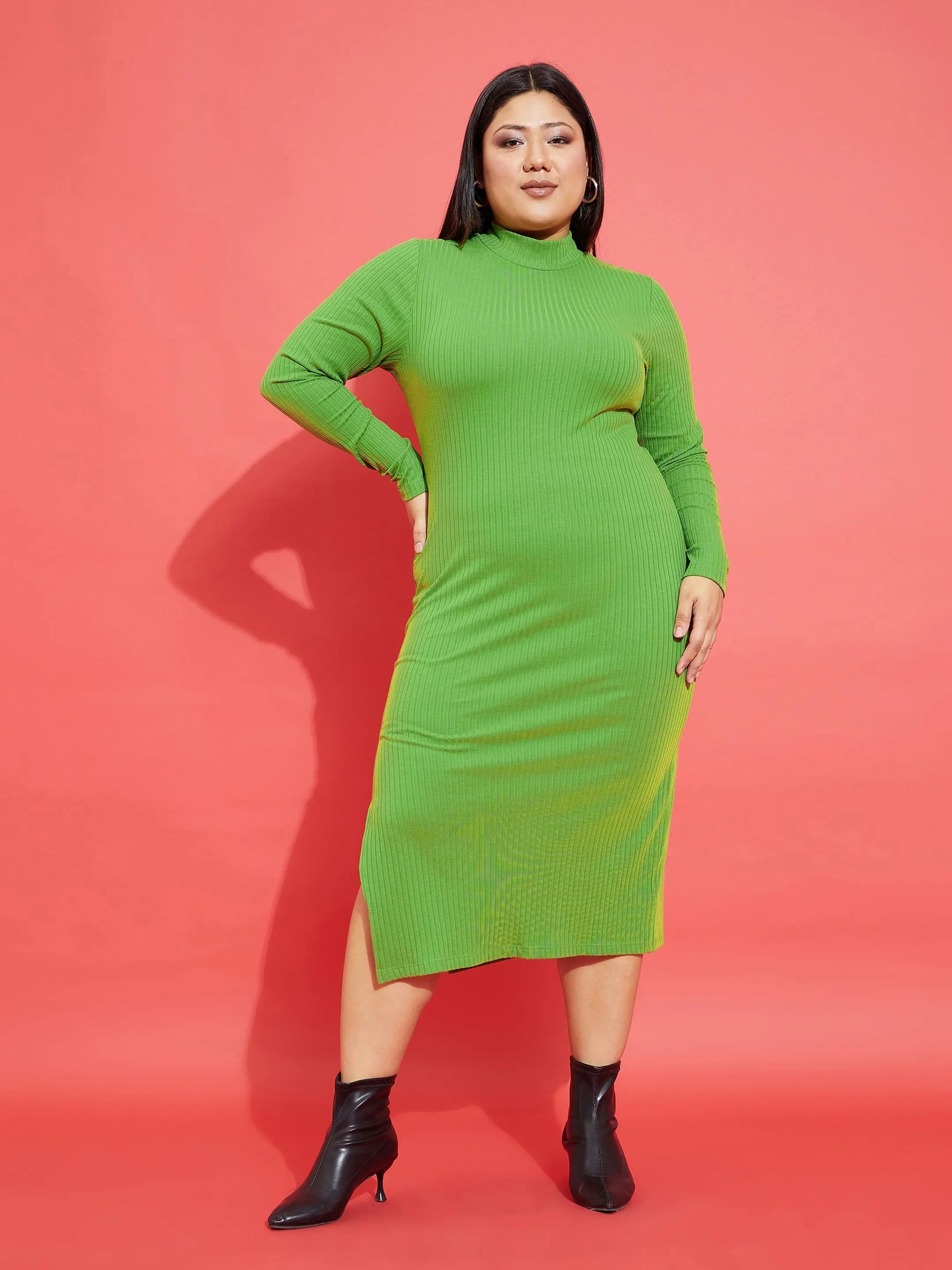 Affordable Women's Attire Flowing Silhouette Women Green Rib Side Slit Bodycon Midi Dress