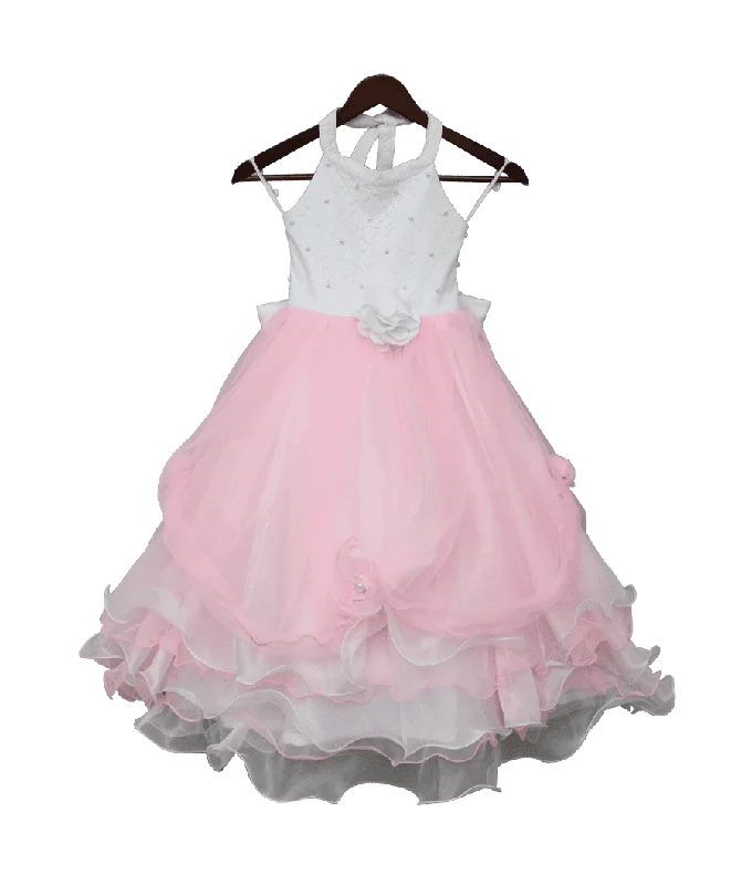 Women's Travel Outfit Set Elegant Attire Pre-Order: Baby Pink & White Organza Gown