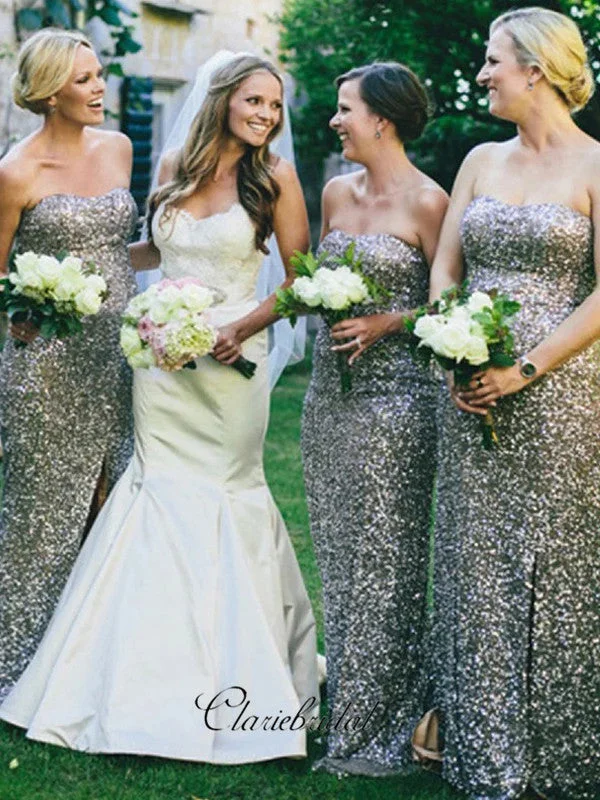 Timeless Women's Garments Coastal Beach - Inspired Style Strapless Sequins Bridesmaid Dresses, Sweetheart Slit Bridesmaid Dresses