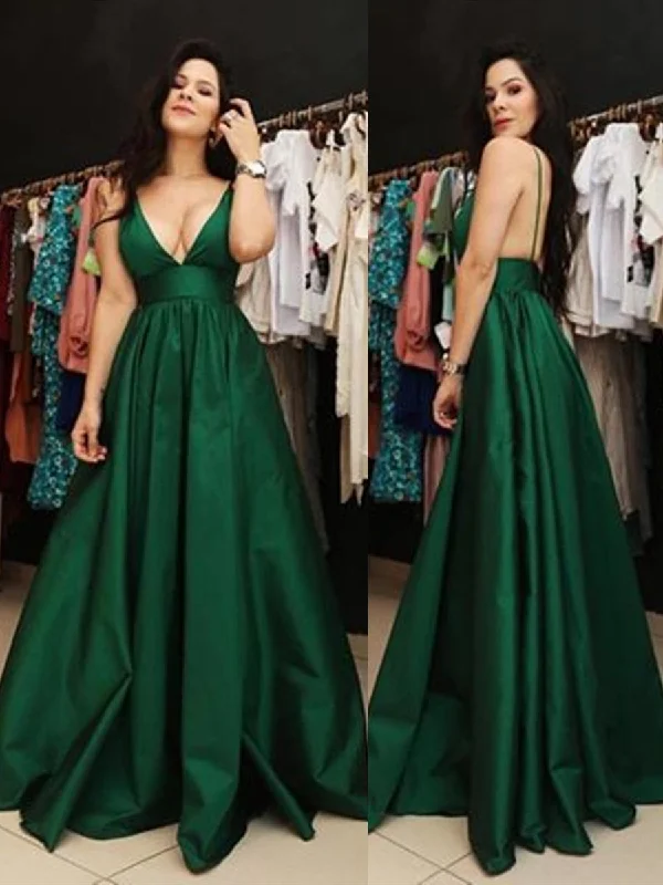 Women's Vacation Attire Mid - Season Sale A Line V Neck Spaghetti Straps Backless Satin Dark Green Prom Dresses with Pockets, Dark Green Backless Formal Dresses, Evening Dresses