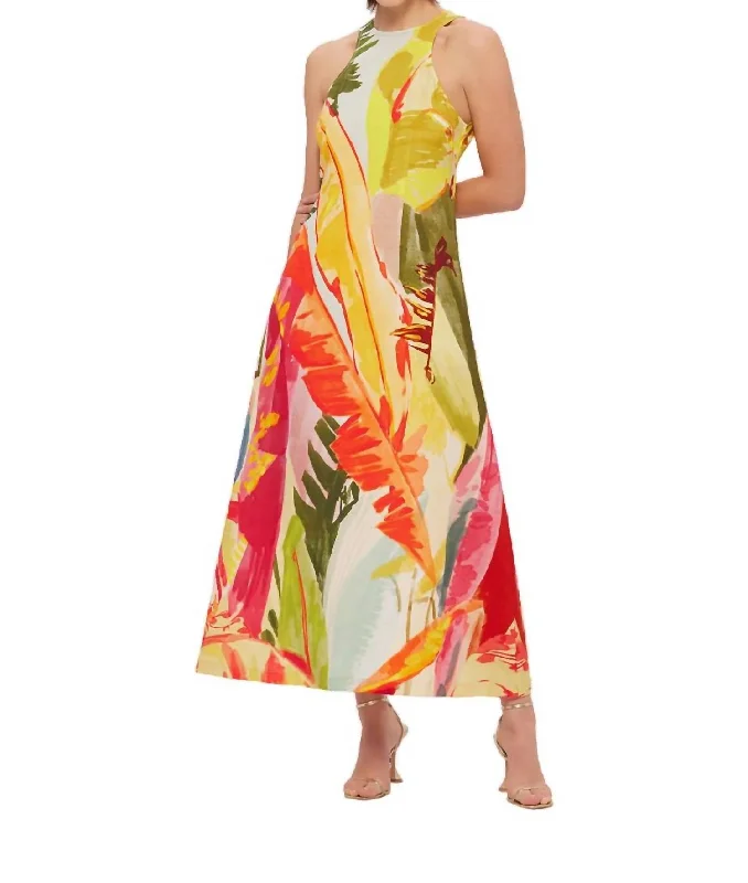 Women's Casual Clothing For Lounging Grab Romantic Date - Night Styles Now Giselle Racer Neck Midi Dress In Rainforest Print