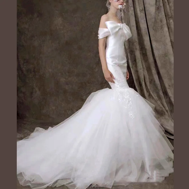 Women's Athletic Apparel Limited - Edition Drops Off Shoulder Bowknot Trumpet Bridal Gowns Wedding Dresses