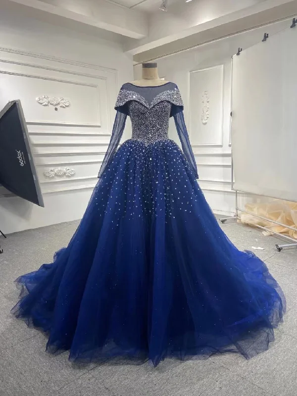 Women's Holiday Attire Sleek Design Long Sleeves Navy Blue Wedding Dresses Crystals Sequined Ball Gown Quince Dresses