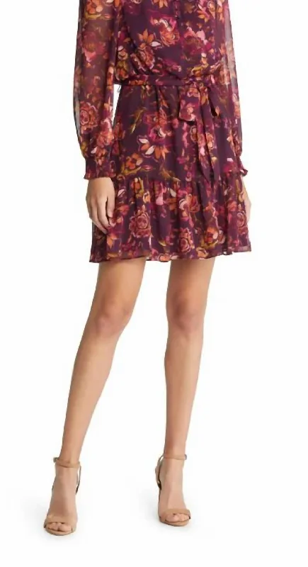 Fashion-Forward Women's Clothing Refined Simplicity Long Sleeve Chiffon Fit And Flare Dress in Wine Floral