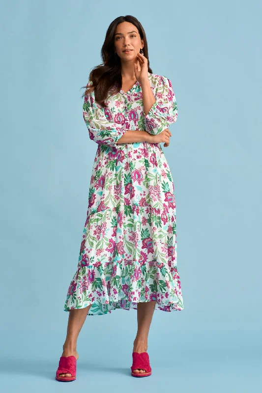 Casual Clothing For Women Romantic Date - Night Ensemble Printed Tiered Dress - Textured Floral