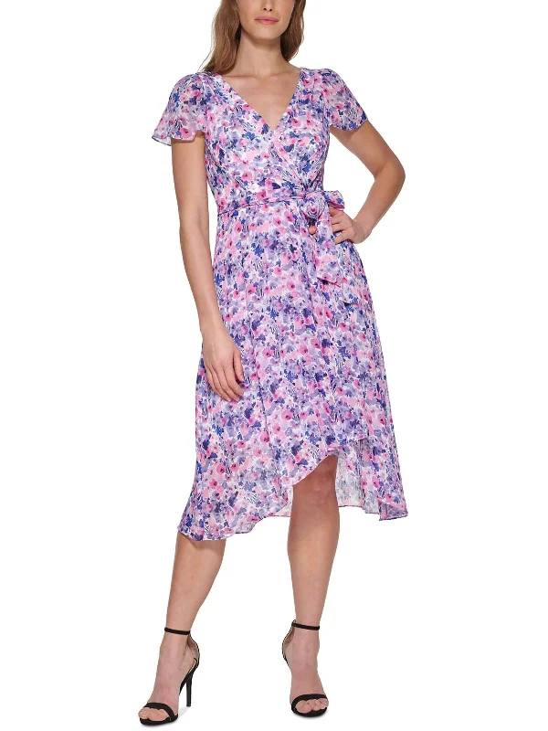 Women's Activewear Attire Elegant Ensemble Womens Floral Print Faux Wrap Midi Dress