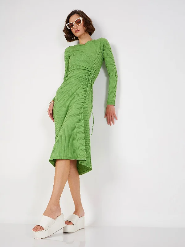 Women's Outdoor Activity Garments Feminine Flow Women Green Rib Side Ruched Bodycon Midi Dress