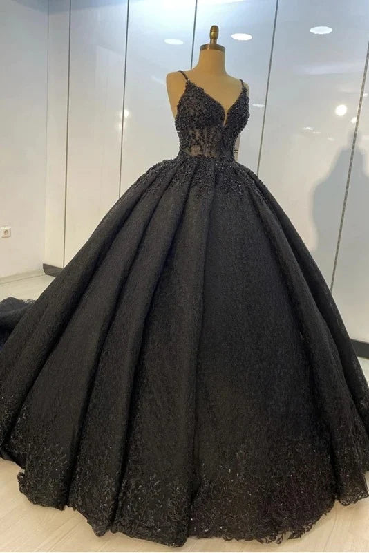 Women's Activewear Garments Chic Allure Princess Ball Gown Spaghetti Straps Beaded Black Wedding Dresses