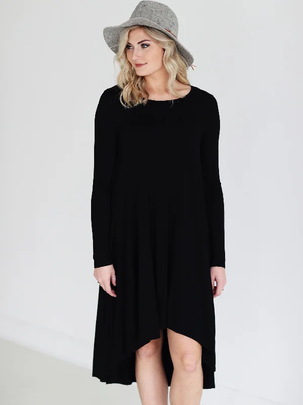 Stylish And Comfortable Clothing For Women Subtle Sophistication Black DLMN Long Sleeve High Low Dress