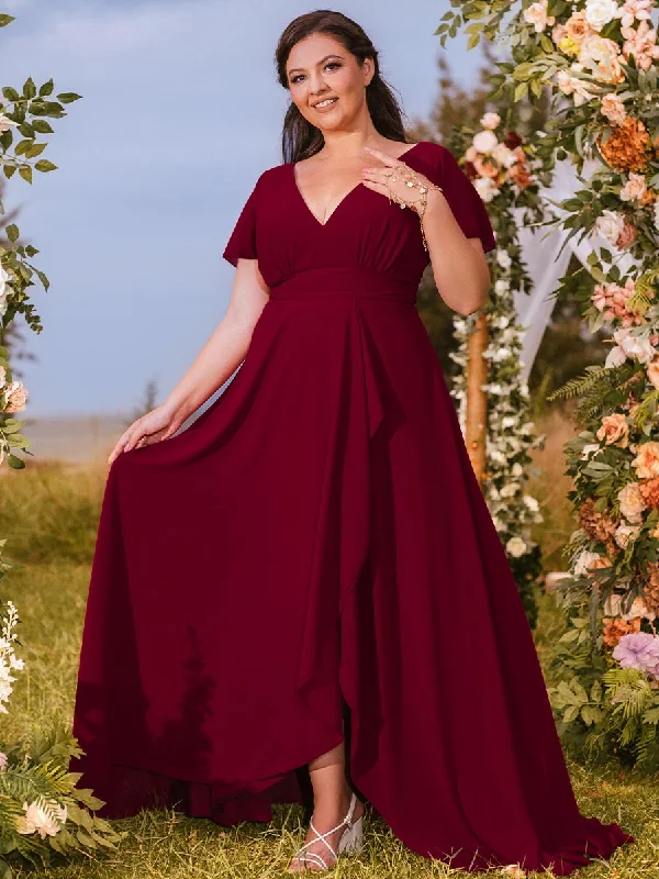 Women's Contemporary Apparel Flowy Fabric Plus Size Red Bridesmaid Dresses V Neck Chiffon