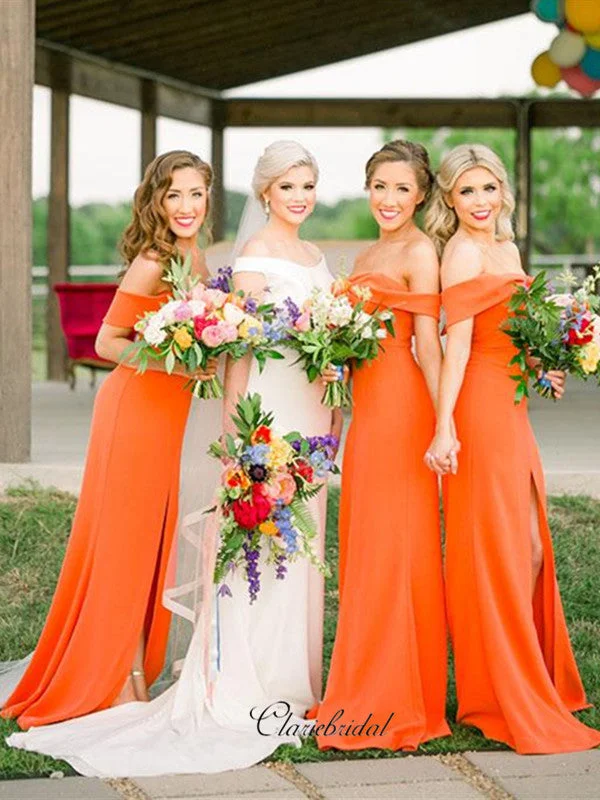 Modern Women's Apparel Romantic Flair Orange Off The Shoulder Bridesmaid Dresses, Slit Bridesmaid Dresses