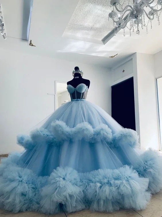 Women's Luxury Garments Flowy Fabric Extra Puffy Ball Dress Blue Ruffled Tulle Sweetheart Ball Gown Y4527