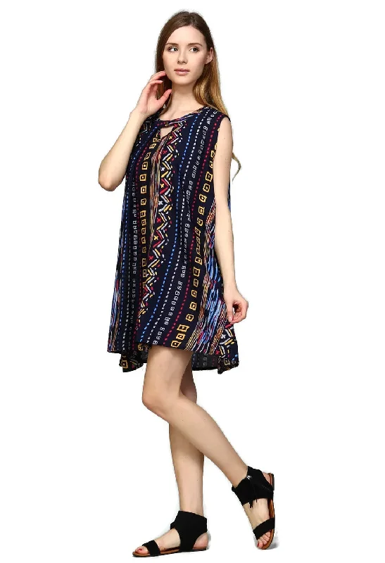 Women's Clothing Apparel Minimalist Elegant Tribal Sleeveless Keyhole Dress, Blue