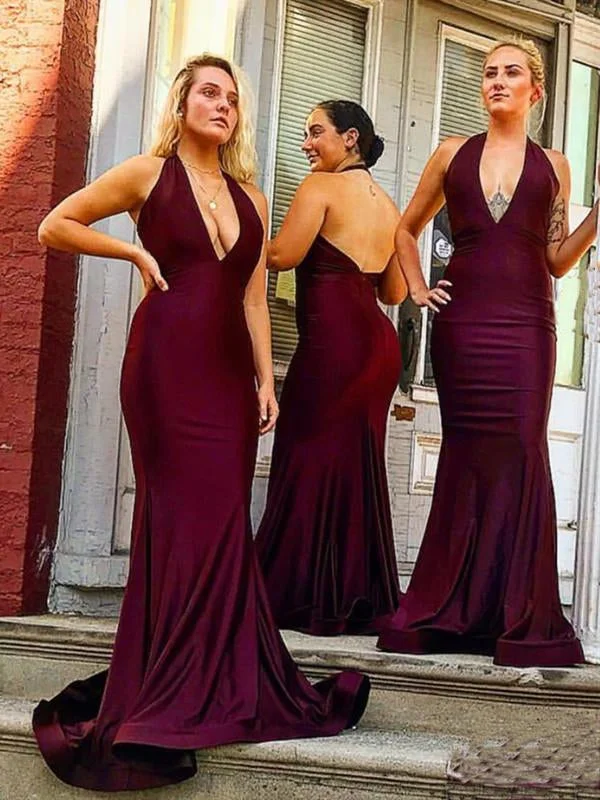 Women's Active Clothing Effortless Comfort Deep V-neck Long Mermaid Elastic Satin Bridesmaid Dresses, Halter Long Bridesmaid Dresses