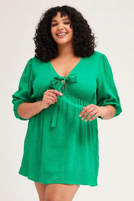 Women's Clothing For Outdoor Events Flowing Silhouette Green Skater Dress V-neck Long Sleeve Tie Front