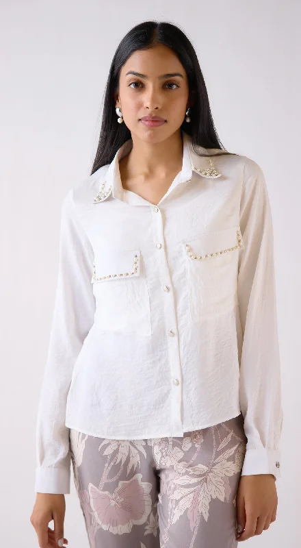 Women's Charming Outfit For Events Seasonal Trend Ivory Crushed Satin Shirt