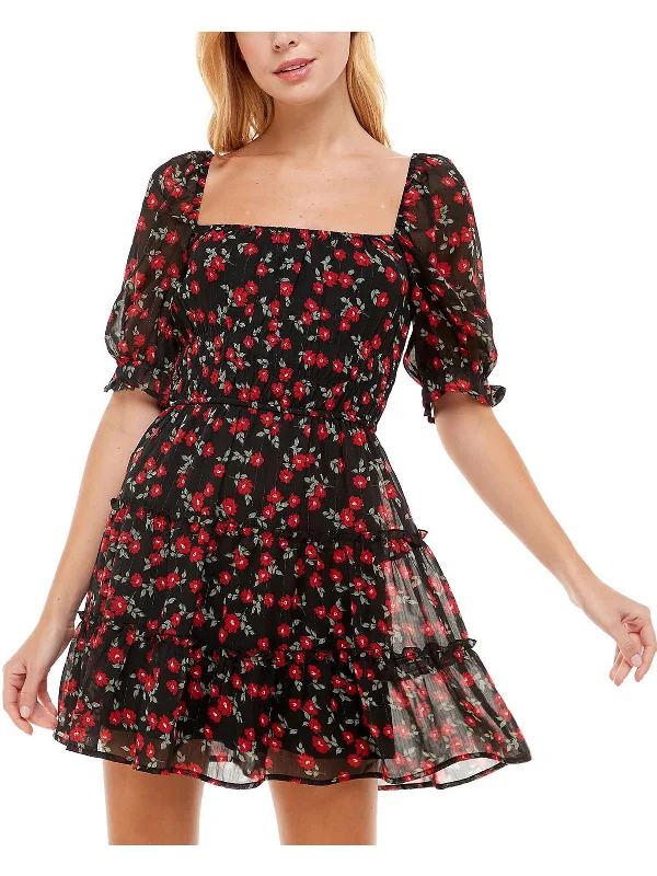 Women's High-Fashion Clothes Feminine Flow Juniors Womens Floral Print Above Kee Fit & Flare Dress