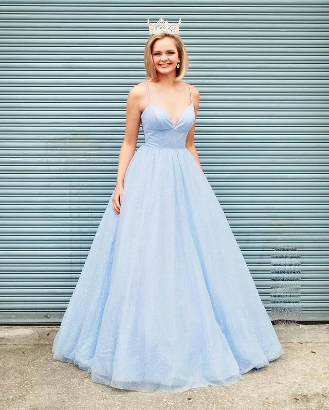 Chic Women's Outfit Vintage Elegance Cute Sparkly Ball Gown V Neck Straps Light Blue Prom Dresses  cg19685