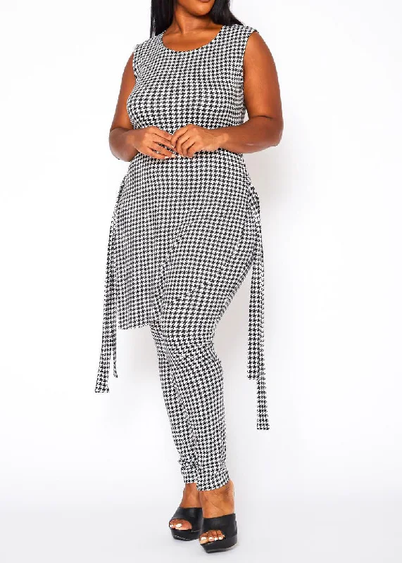 Women's Night-Out Clothes Graceful Movement Hi curvy Plus Size Women Houndstooth Print Sleeveless Two Piece Set