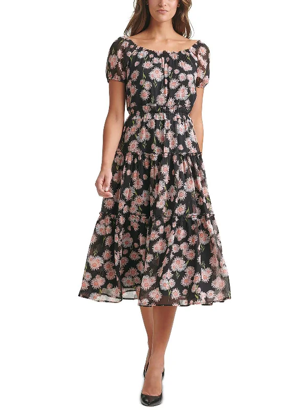 Women's Casual Apparel Minimalist Elegant Womens Sheer Floral Tea-Length Fit & Flare Dress