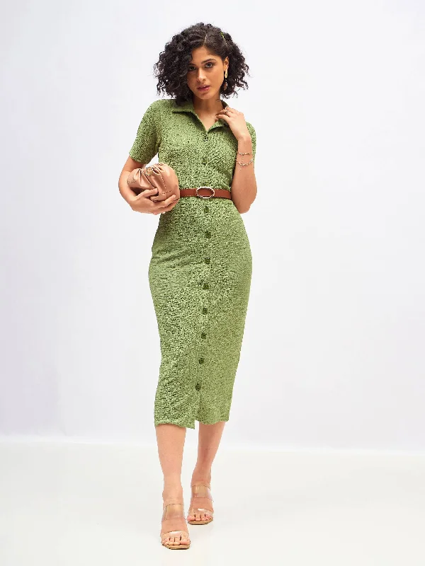 Women's Vintage Attire Elegant Ensemble Women Green Knitted Front Button Bodycon Midi Dress