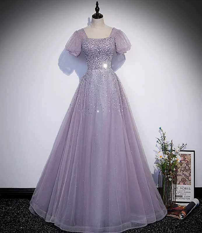 Women's Plus-Size Garments Alluring Design Purple tulle beads long prom dress A line evening gown s59