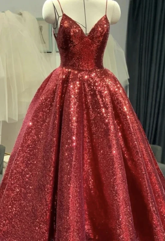 Women's Evening Clothes Graceful Drape Red sequins long ball gown prom dress shiny evening dress    cg18841