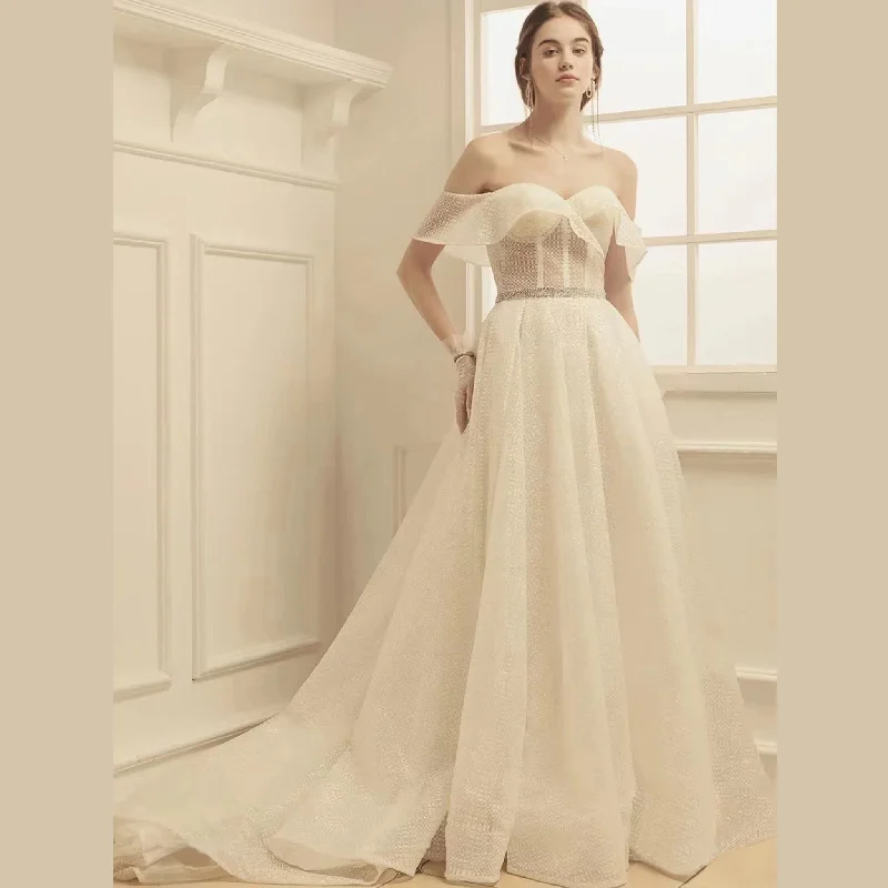 Women's Clothes And Garments Elegant Contour Classic Off the Shoulder A Line Sheer Bodice Wedding Dress