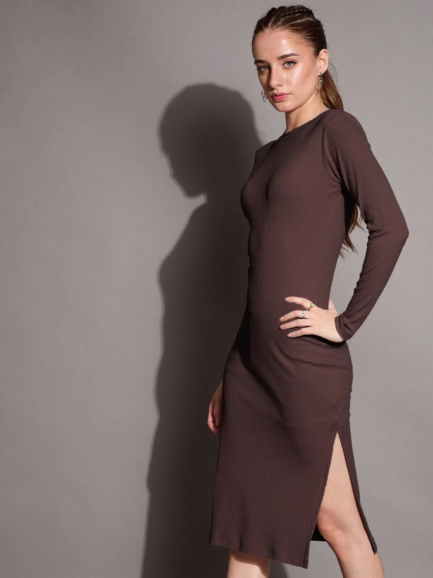 Comfortable Women's Clothes Everyday Glamour Women Brown Ribbed Side Slit Bodycon Dress-SFDRSS12389