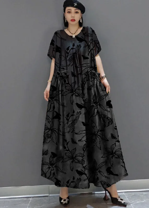 Affordable Women's Attire Graceful Cut loose black-flowers and birds O-Neck Print Satin Maxi Dress Summer