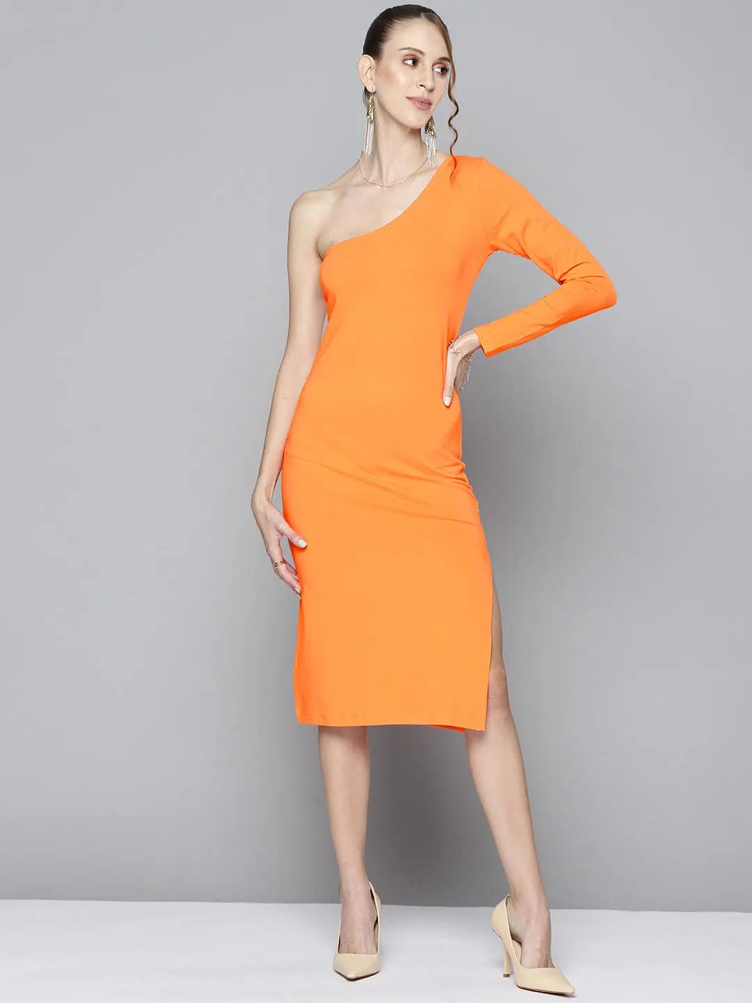 Women's Holiday Attire Minimalist Chic Women Orange One Shoulder Bodycon Dress