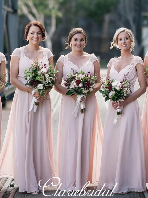 Women's Party Clothes Alluring Design Cap Sleeves Long Pink Chiffon Lace A-line Bridesmaid Dresses