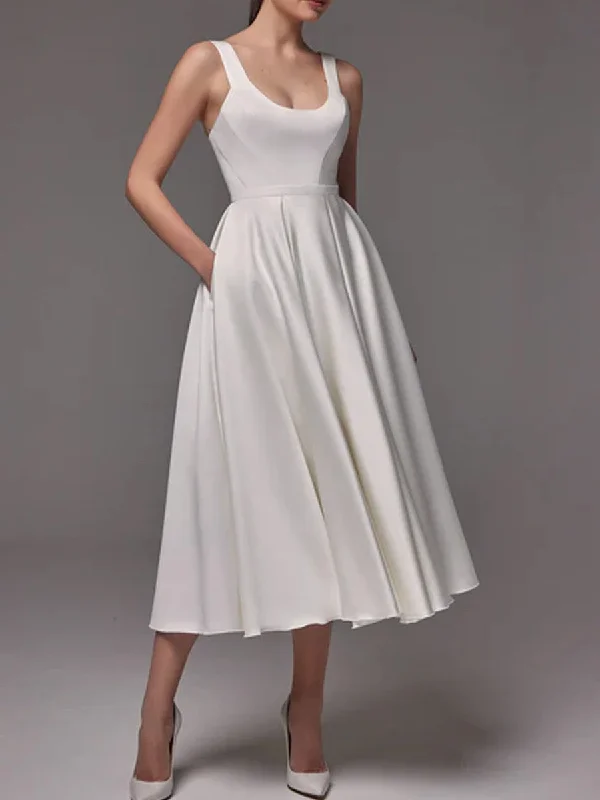 Stylish Women's Garments For Holidays Art Deco Geometric Pattern Look Satin Tea Length Wedding Dress With Scoop Neckline