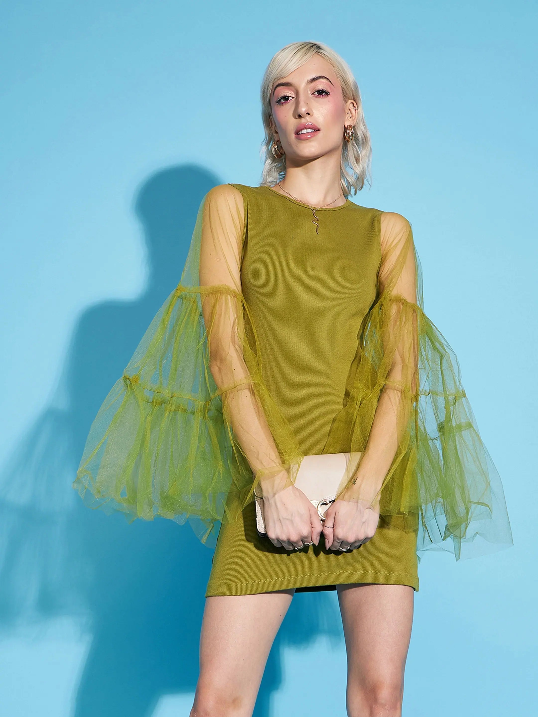 Women's Chic Outerwear Outfit Limited - Stock Women Green Tulle Flare Sleeve Bodycon Dress