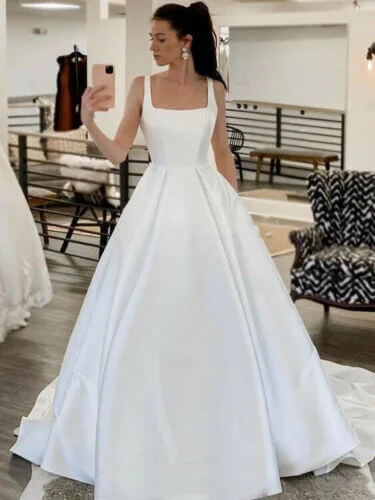 Women's Clothing For Holiday Travel Graceful Cut Simple Satin Minimalist Wedding Dresses Square Neck Plus Size Bridal Dresses