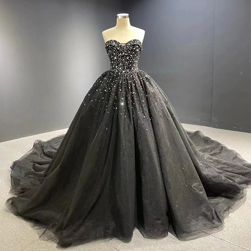 Women's Cozy Clothes Fashion-Forward Style Luxury Crystals Black Wedding Dresses Gothic Sweetheart Tulle Quince Dress