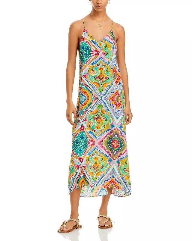 Women's Fashionable Clothing Sets Flash Sale Lisbon Silk Tile Print Midi Dress In Sunshine