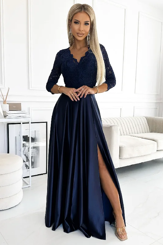 Women's Elegant Outfit Romantic Date - Night Ensemble AMBER lace long satin dress with a neckline - dark blue