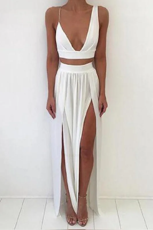 Affordable Fashion Clothing For Women Refined Look Cheap Fashion 2 Pieces V Neck Front Split White Cheap Prom Dresses Evening Dress Party Gowns cg5443