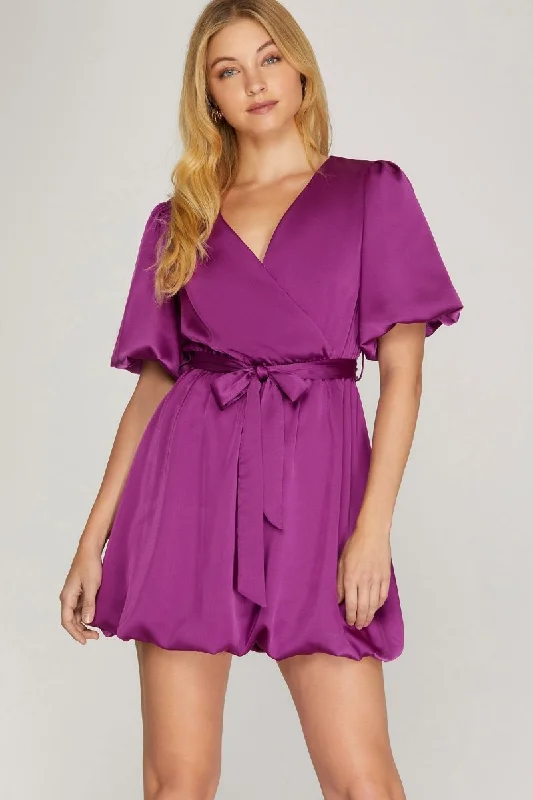 Women's Active Outfit For Fitness Casual Chic MAGENTA SURPLICE SATIN W/WAIST SASH BALLOON SLEEVES MINI DRESS S10SY4280