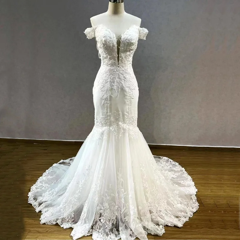 Women's Evening Clothes Bold Patterns Off Shoulder Trumpet Lace Bridal Gown Wedding Dress Plunging