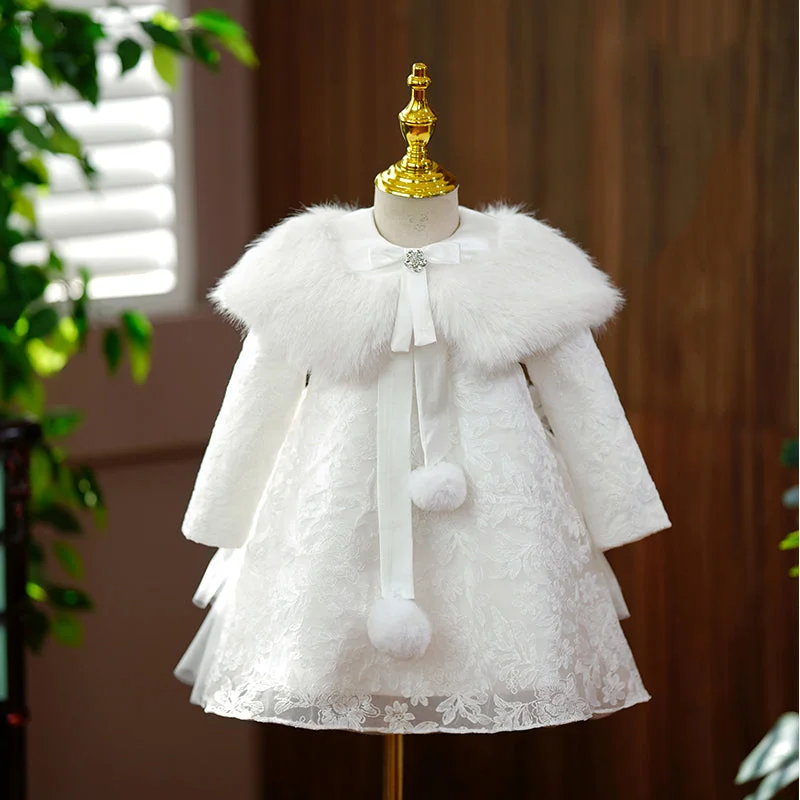 Women's Comfortable Lounge Outfit Casual Weekend Relaxed Style Baby Girl Autumn Winter  Flower Dress Girl Plush Lace Long Sleeve Baptism Princess Dress