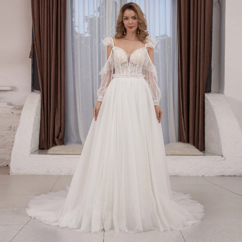 Women's Elegant Formal Outfit Now On Sale For Chic Urban Styles Low Back Off Shoulder Long Sleeve A-line Tulle Wedding Dress