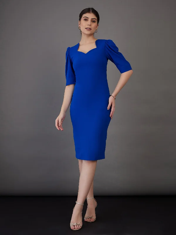 Women's Activewear Garments Sophisticated Cut Women Royal Blue Sweetheart Neck Bodycon Midi Dress