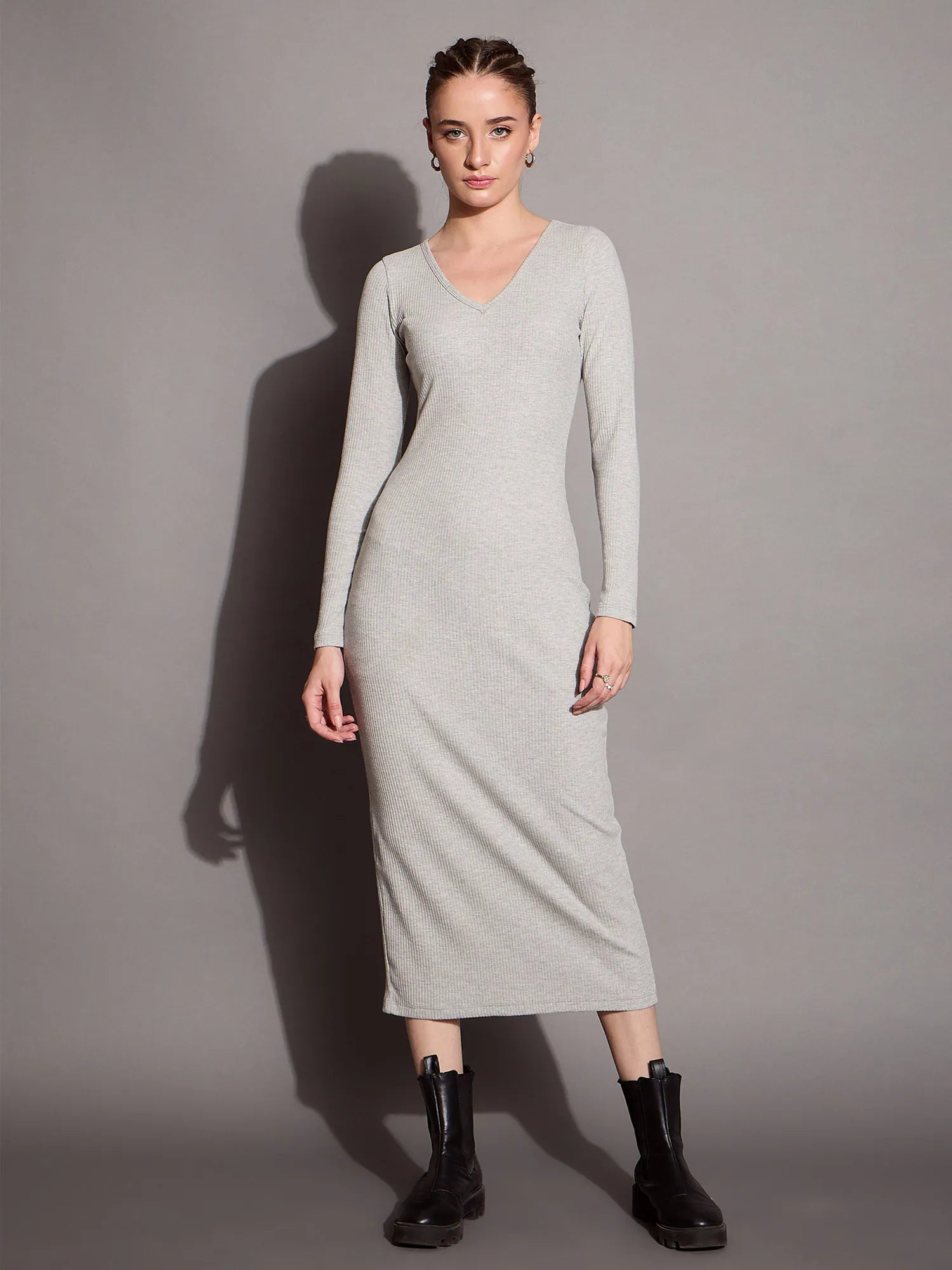 Women's Trendy Clothes Modern Romance Women Grey Melange Ribbed V-Neck Full Sleeves Bodycon Dress-SFDRSS12391