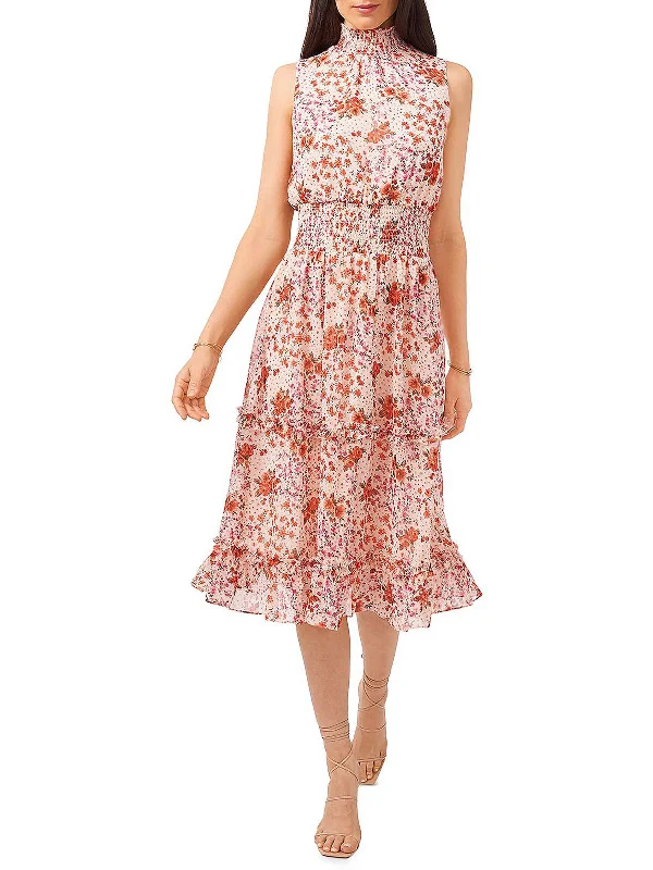 Women's Professional Outfit Graceful Movement Womens Floral Print Mid Calf Shift Dress